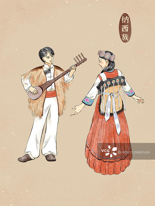 男女双人56民族，云南景颇族拉祜族傈僳族纳西族佤族。图片素材