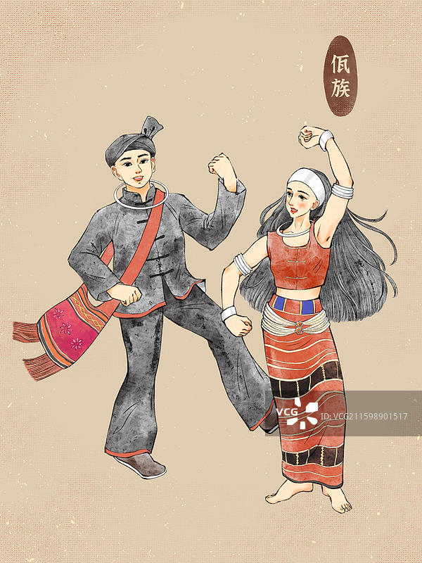 男女双人56民族，云南景颇族拉祜族傈僳族纳西族佤族。图片素材