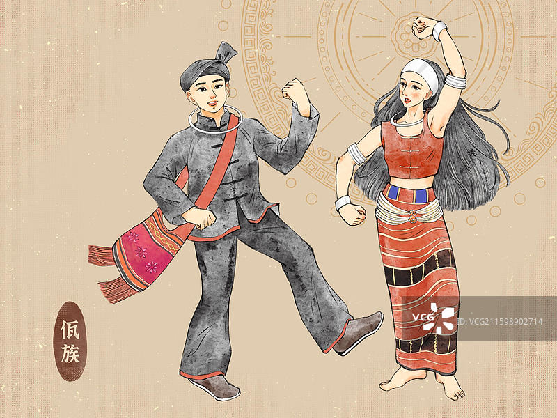 男女双人56民族，云南景颇族拉祜族傈僳族纳西族佤族。图片素材