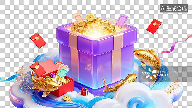 【AI数字艺术】节日礼盒红包3D插画溢出闪耀的金币和红包环绕着吉祥的金鲤鱼和闪烁的粒子双十一春节富足幸运中国传统文化图片素材