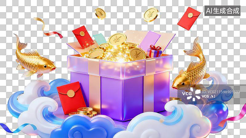 【AI数字艺术】节日礼盒红包3D插画溢出闪耀的金币和红包环绕着吉祥的金鲤鱼和闪烁的粒子双十一春节富足幸运中国传统文化图片素材