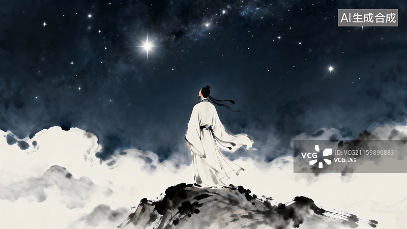 【AI数字艺术】中国古代文人立于山巅仰望星空图片素材