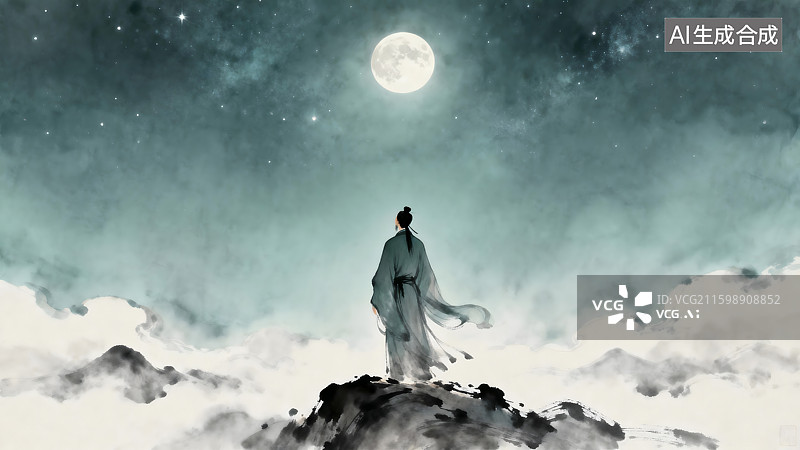 【AI数字艺术】中国古代文人立于山巅仰望星空图片素材