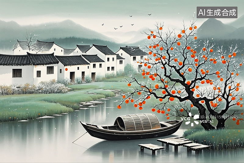 【AI数字艺术】中国风水墨画，江南风景，秋天，诗意，一棵临水的柿子树，橙红的柿子挂满枝头，河埠头停着一只乌篷船图片素材