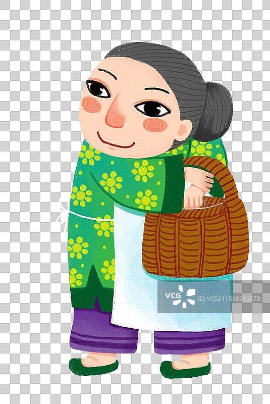 免抠元素 人物插画 老奶奶挽着竹篮子图片素材