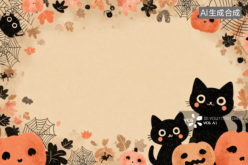 【AI数字艺术】纯色背景，可爱的猫咪，蓝瓜灯与蜘蛛，万圣节海报图片素材