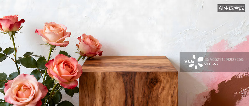【AI数字艺术】复古玫瑰木质展台背景图片素材