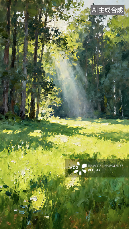 【AI数字艺术】清新森林氧吧丁达尔光束夏天治愈系图片素材
