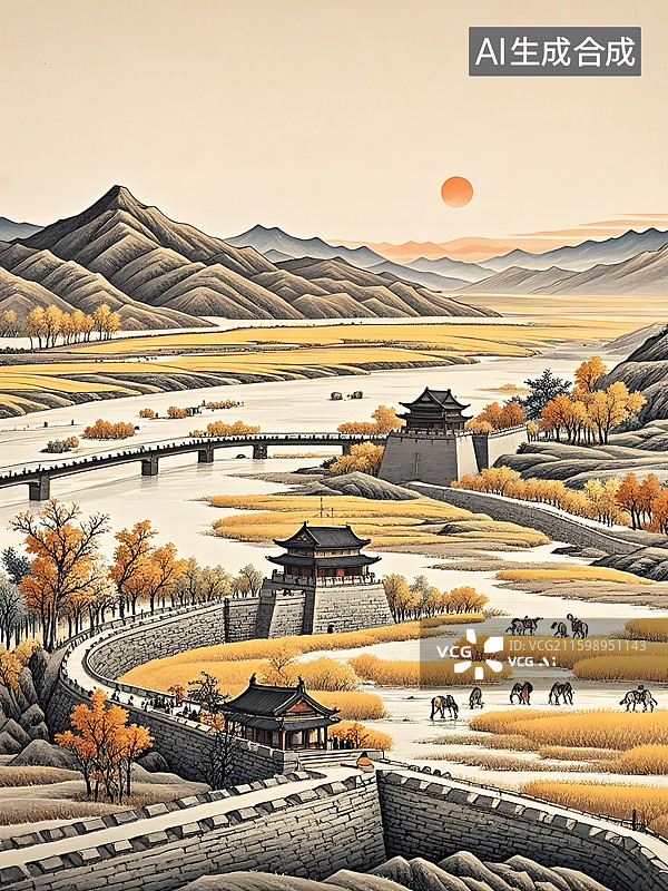 【AI数字艺术】秋日边塞古城景色图片素材
