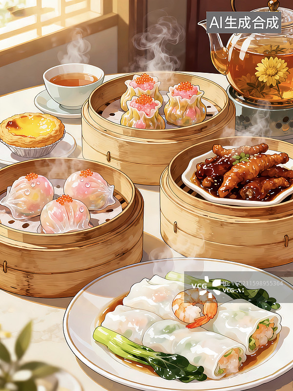 【AI数字艺术】手绘粤菜港式美味小吃肠粉凤爪水晶虾饺图片素材