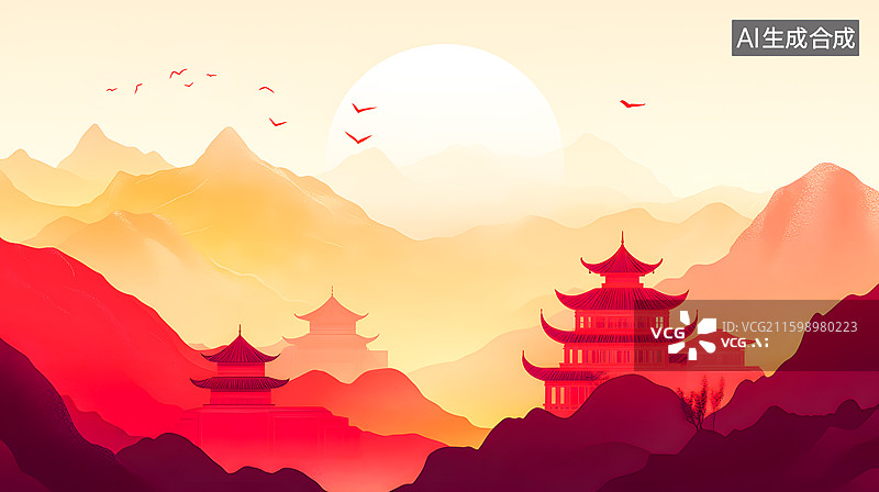 【AI数字艺术】古风山水楼阁意境图落日中国风插画图片素材