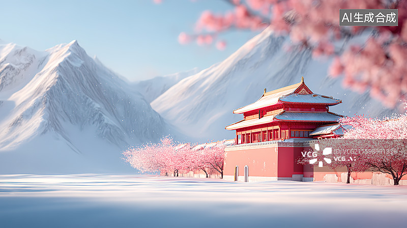 【AI数字艺术】国风鲜花盛开背景下的雪中中国传统古建筑风景插画图片素材
