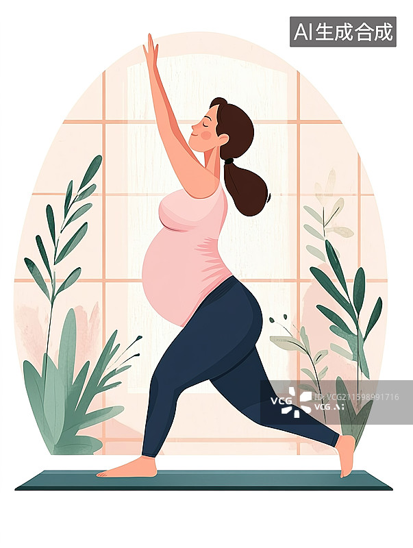 【AI数字艺术】一个孕妇做瑜伽运动扁平风插画图片素材