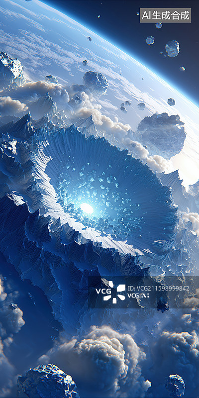 【AI数字艺术】航拍冬季冰冻的外星球表面巨大环形山陨石坑3D立体背景图片素材