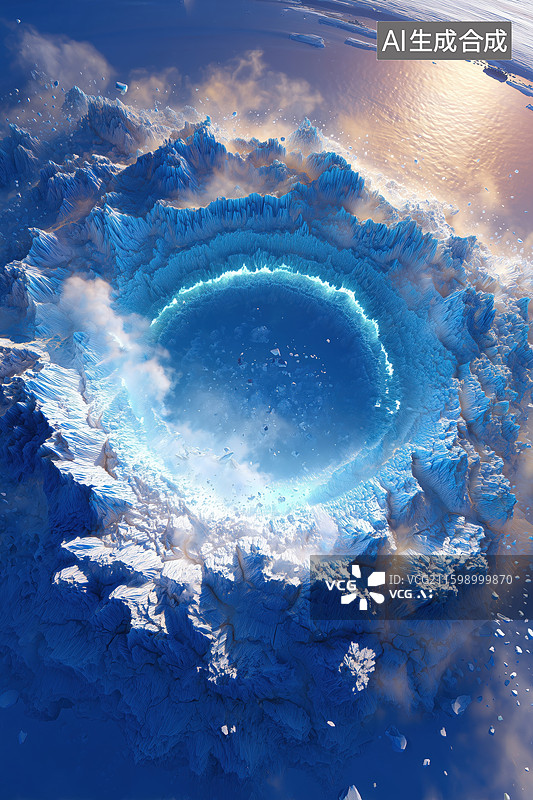【AI数字艺术】航拍冬季冰冻的外星球表面巨大环形山陨石坑3D立体背景图片素材
