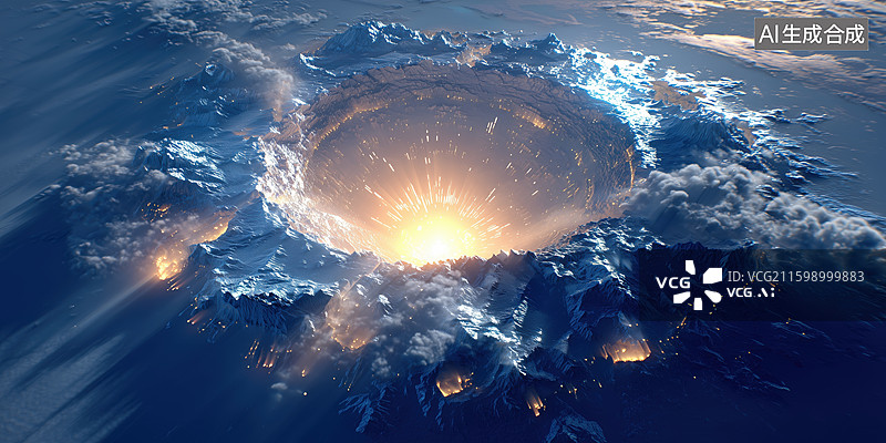 【AI数字艺术】航拍冬季冰冻的外星球表面巨大环形山陨石坑3D立体背景图片素材