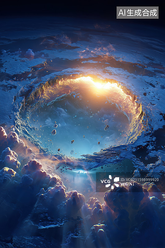 【AI数字艺术】航拍冬季冰冻的外星球表面巨大环形山陨石坑3D立体背景图片素材