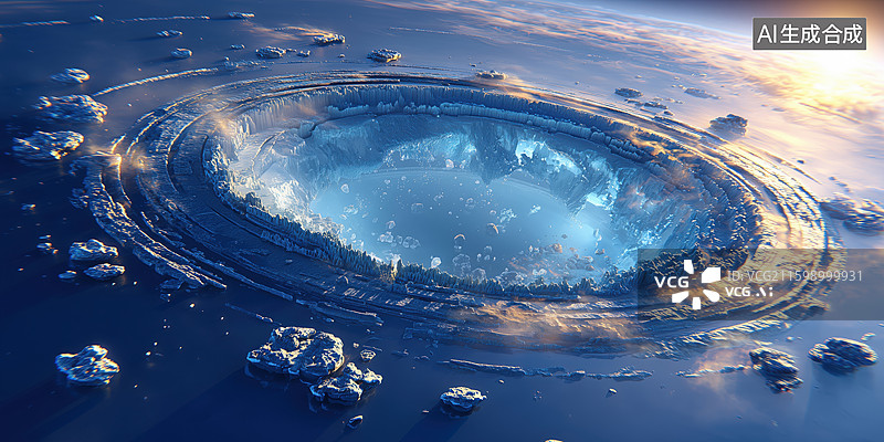 【AI数字艺术】航拍冬季冰冻的外星球表面巨大环形山陨石坑3D立体背景图片素材