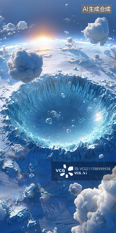 【AI数字艺术】航拍冬季冰冻的外星球表面巨大环形山陨石坑3D立体背景图片素材