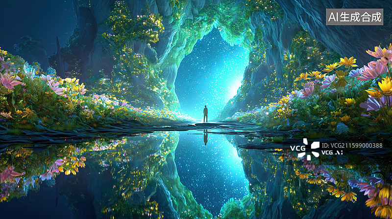 【AI数字艺术】森林中奇幻场景椭圆形洞口前的背影3D卡通立体插画图片素材