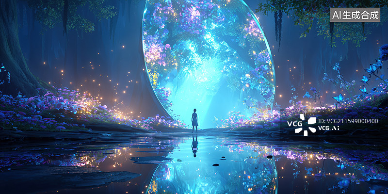 【AI数字艺术】森林中奇幻场景椭圆形洞口前的背影3D卡通立体插画图片素材