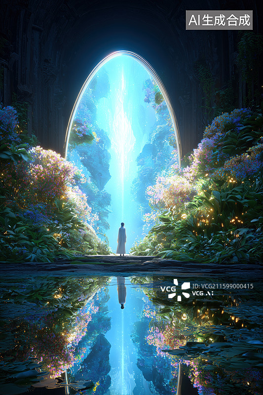 【AI数字艺术】森林中奇幻场景椭圆形洞口前的背影3D卡通立体插画图片素材