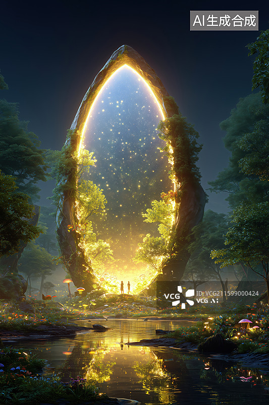 【AI数字艺术】森林中奇幻场景椭圆形洞口前的背影3D卡通立体插画图片素材