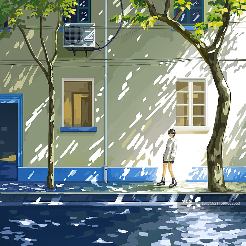 树荫下的街头散步图片素材