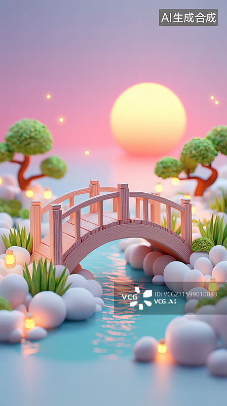【AI数字艺术】粉色梦幻庭院：小桥流水与夕阳图片素材