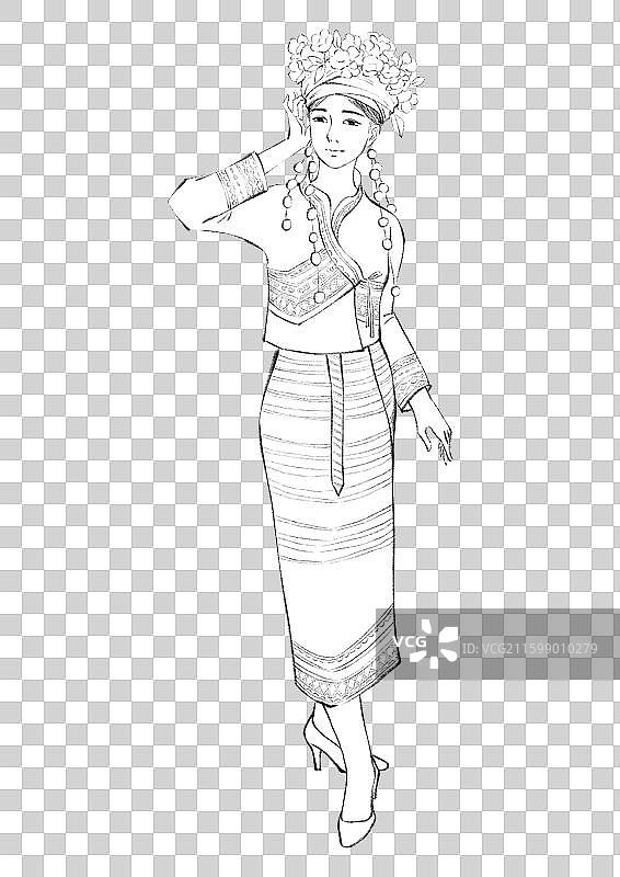 56民族，云南少数民族布朗族，得玎，线稿。图片素材