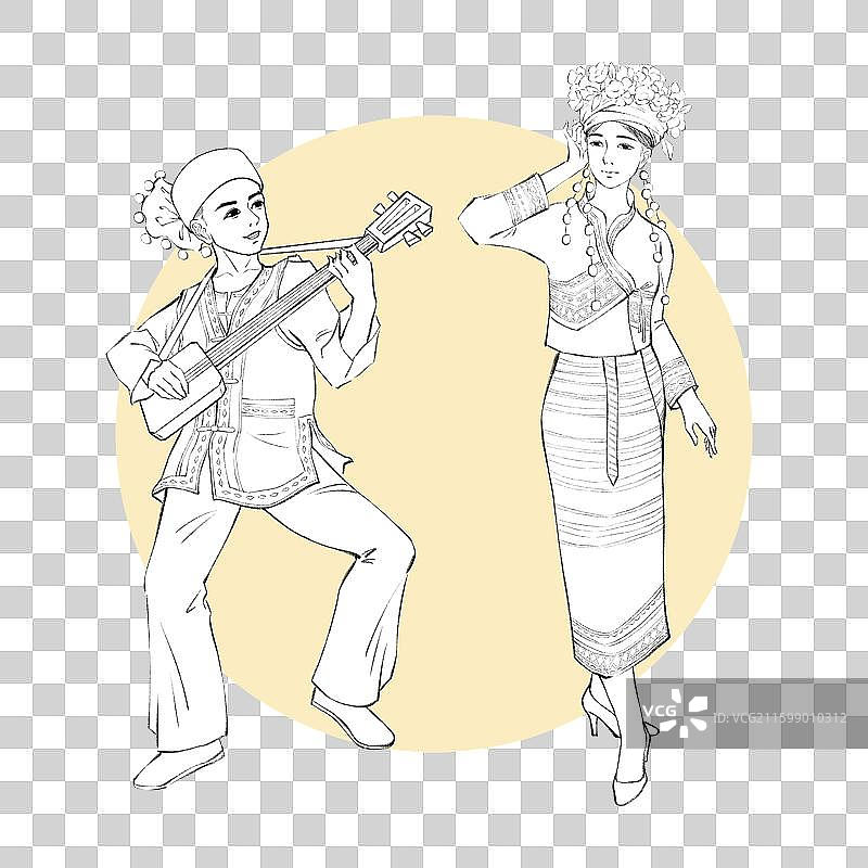 56民族，云南少数民族布朗族，得玎，线稿。图片素材