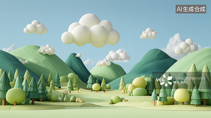 【AI数字艺术】卡通风格的梦幻山林景色图片素材