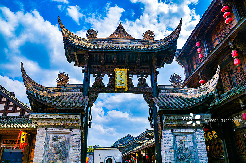 重庆潼南双江古镇风光古建筑门楼牌坊山门图片素材