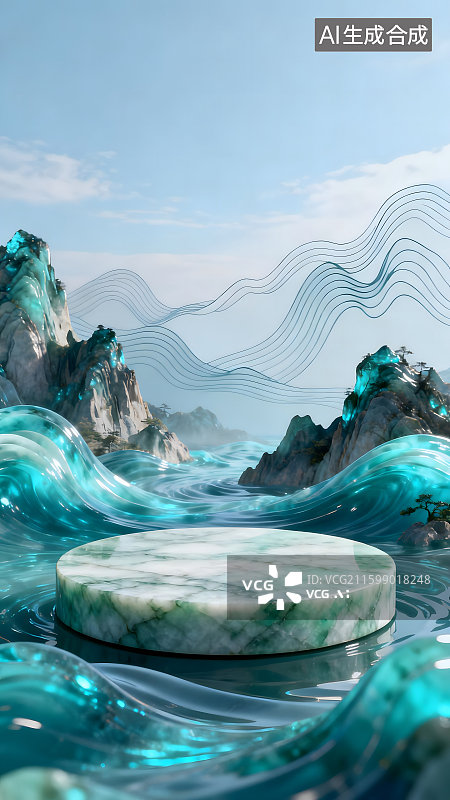 【AI数字艺术】国潮风玉石山水铲平展台建模背景壁纸图片素材