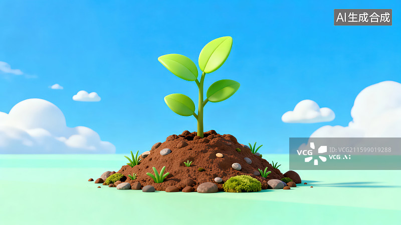 【AI数字艺术】卡通风格蓝天白云下小树苗幼苗在沃土中生长，生机与希望环境保护概念图片素材