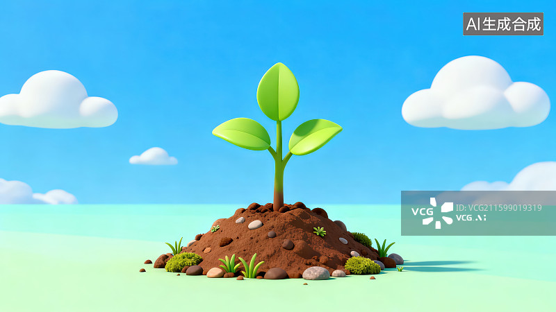 【AI数字艺术】卡通风格蓝天白云下小树苗幼苗在沃土中生长，生机与希望环境保护概念图片素材