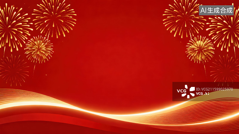 【AI数字艺术】绽放的焰火烟花映衬下传统国潮风线条纹理中国红插画海报背景图片素材