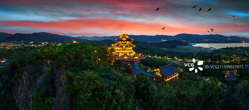 宜兴阳羡东坡阁晚霞航拍图片素材