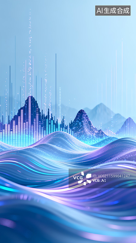 【AI数字艺术】科技风山水声波创意插画素材图片素材