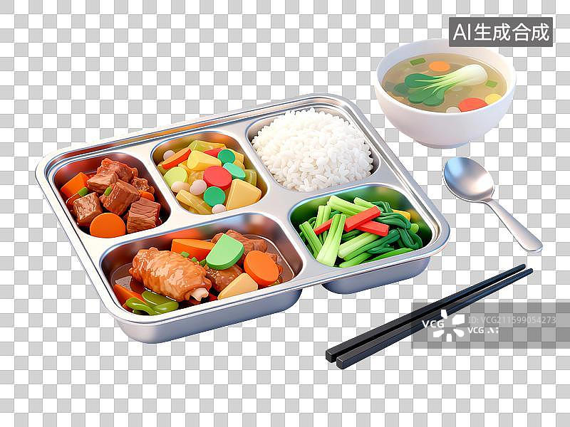 【AI数字艺术】3D渲染，一份简餐，便饭，便当，食堂，工作餐，扁平化风格，免抠元素图片素材