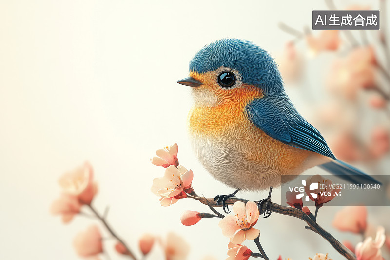 【AI数字艺术】蓝黄小鸟栖息于樱花枝头图片素材