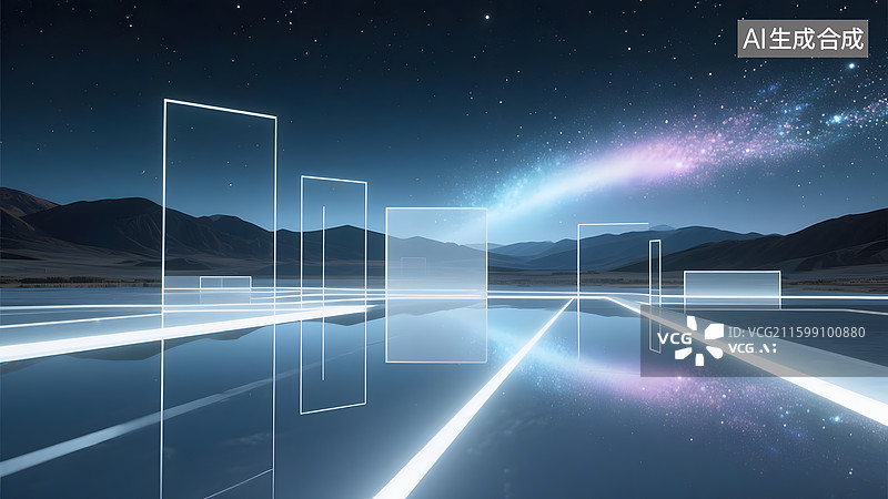 【AI数字艺术】发光蓝色科技山川银河极光未来概念背景图图片素材