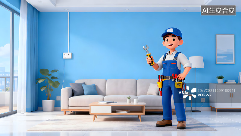 【AI数字艺术】身穿电工手持专业维修工具上门维修工图片素材