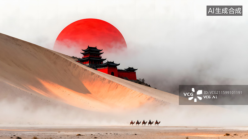 【AI数字艺术】沙丘浓雾红黑古建、红悬日与驼队图片素材