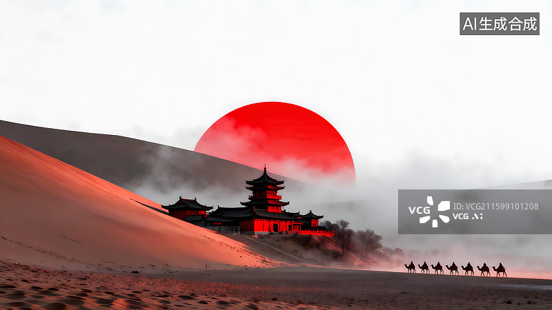 【AI数字艺术】沙丘浓雾红黑古建、红悬日与驼队图片素材