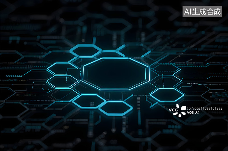 【AI数字艺术】科技感十足的六边形网格与数据线条图片素材