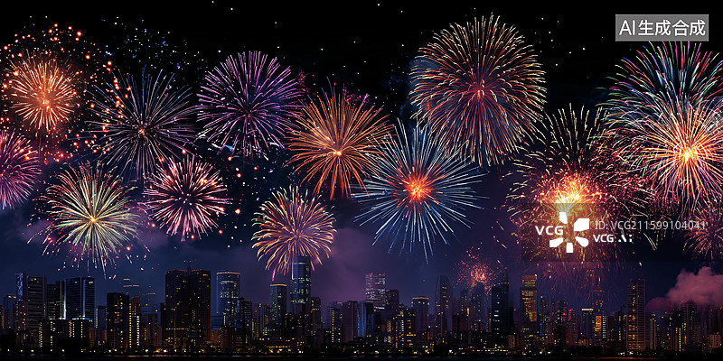 【AI数字艺术】城市夜空绚烂烟花秀图片素材