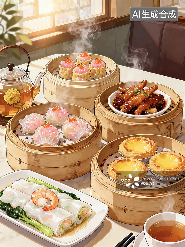 【AI数字艺术】手绘粤菜港式美味小吃蛋挞虾饺图片素材