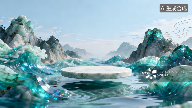 【AI数字艺术】国潮风玉石山水铲平展台建模背景壁纸图片素材