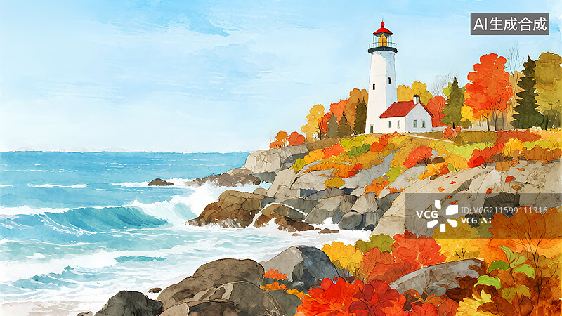 【AI数字艺术】秋天海边蓝天白云白色灯塔小岛秋叶美景图片素材